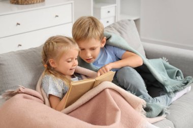 Evdeki kanepede ekose kitap okuyan küçük çocuklar.