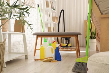 Oturma odasında temizlik malzemesi olan yumuşak bank.