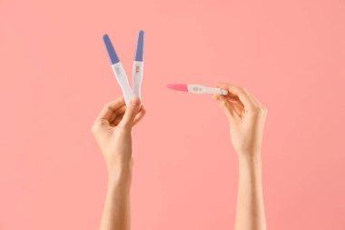 Pembe arka planda hamilelik testleri olan kadın eller. Yakın çekim.