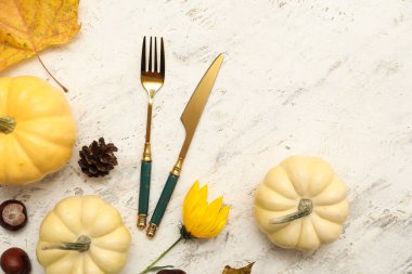 Taze kabaklı, kestaneli, çam kozalaklı ve beyaz arka planda güzel çiçekli şık çatal bıçaklar.