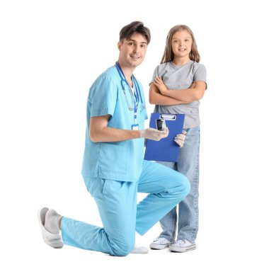 Male doctor with glucometer and diabetic girl on white background clipart