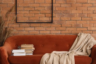 Oturma odasındaki kırmızı kanepede köknar külahlı ve ekoseli kitaplar.