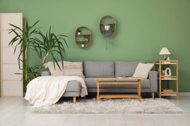 Oturma odasının iç tarafında rahat bir kanepe, çiçek ve kahve masası.