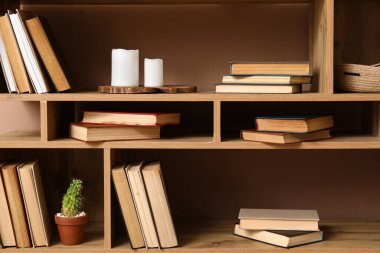 Kitapları ve kahverengi duvarın yanında dekorasyonu olan modern raf ünitesi.
