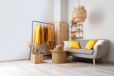 Elbise askısı, kanepe ve balkabağı olan bir soyunma odası.