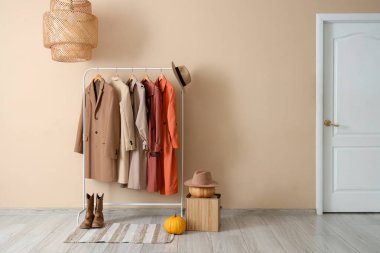 Palto askısı ve balkabağı olan koridorun içi.