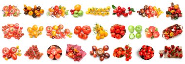 Beyaz zemin üzerinde farklı olgun domatesler, üst görünüm