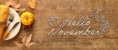 Balkabağı ve şık masa ayarlı HELLO NOVEMBER metin pankartı