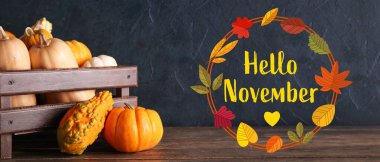 Balkabağı ve kutulu Hello NOVEMBER metin pankartı