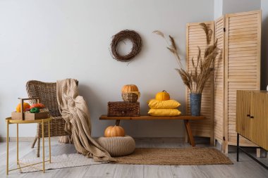 Sonbahar için tasarlanmış modern oturma odasının içi rahat hasır koltuk, bank ve balkabaklarıyla süslenmiş.