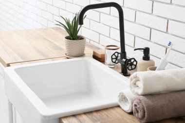 Banyo aksesuarları ve ev bitkisi banyoda beyaz tuğla duvarın yanında.