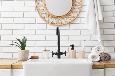 Banyo aksesuarları, ev bitkisi ve lavabo banyodaki beyaz tuğla duvarın yanında.