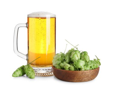 Beyaz arka planda yeşil kozalaklı bir bardak bira.