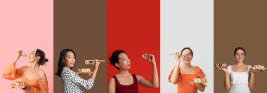 Arka planda lezzetli suşisi olan bir grup güzel kadın.