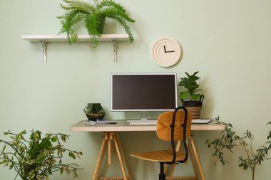 Ofisinde açık yeşil duvar yakınında bilgisayar monitörü ve bitkileri olan modern işyeri