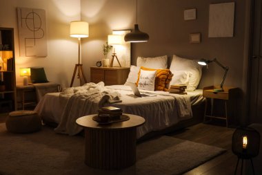 Karanlık yatak odasının içinde gece lambaları, dizüstü bilgisayarı ve kitapları vardı.