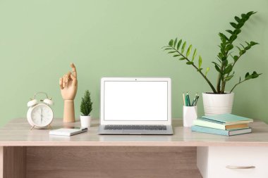 Modern dizüstü bilgisayarı, kırtasiyesi ve yeşil duvarın yanındaki tesisi olan şık bir iş yeri.