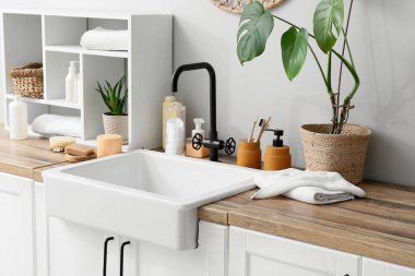 Çiçekler, raf ve banyo aksesuarları banyodaki ışık duvarının yanında.