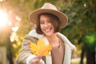 Sonbahar güneşli parkında yaprakları dökülen genç ve güzel bir kadın.