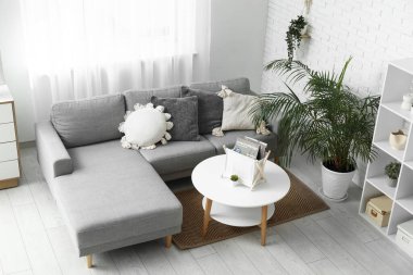 Gri kanepeli, yumuşak yastıklı ve kahve masalı şık bir oturma odası.