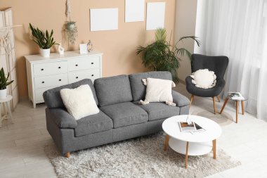 Oturma odasında minderleri, koltuğu ve kahve masası olan rahat bir kanepe.