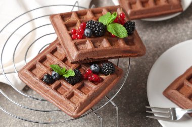 Gri arkaplanda taze böğürtlen ve nane şekerli Belçika Waffle 'ları