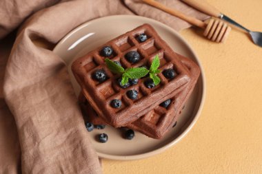 Bir tabak taze yaban mersinli Belçika waffle 'ı ve sarı arka planda nane şekeri.