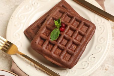 Taze kırmızı üzümlü Belçika waffle 'ı ve beyaz arka planda nane şekeri.