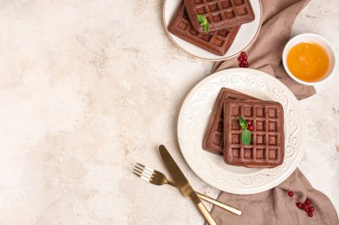 Beyaz arka planda taze kırmızı frenk üzümü, nane ve bal dolu tatlı Belçika waffle tabakları.