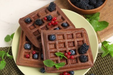 Beyaz arka planda taze böğürtlen ve nane şekerli Belçika Waffle tabağı.