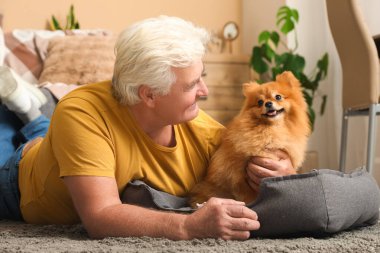 Evde yerde yatan sevimli Pomeranya köpeğiyle mutlu son sınıf öğrencisi.