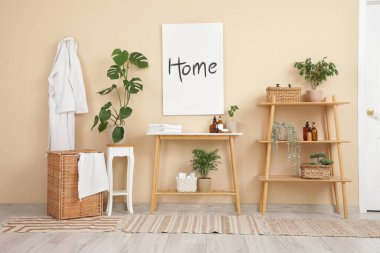 Konsol masası, raf ünitesi ve ev bitkileri olan şık bir banyo.