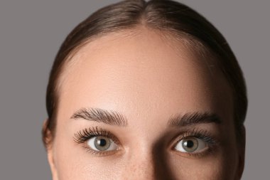 Young woman with beautiful eyebrows on grey background, closeup clipart