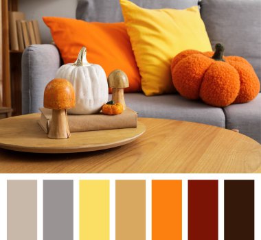 Dekoratif mantarlı balkabakları ve oturma odasındaki masada kitap. Farklı renk desenleri