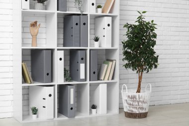 Ofiste beyaz tuğla duvarın yanında doküman klasörleri ve bitkilerle raf ünitesi