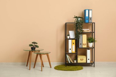 Ofiste bej duvar yakınında doküman klasörleri, bitkileri ve masaları olan raf birimi