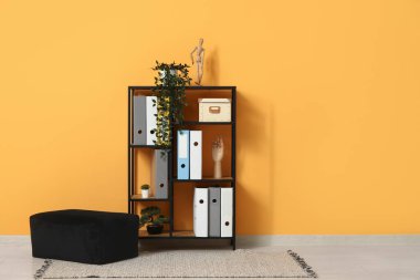 Ofiste turuncu duvarın yanında doküman klasörleri, bitkileri ve pouf ile raf ünitesi