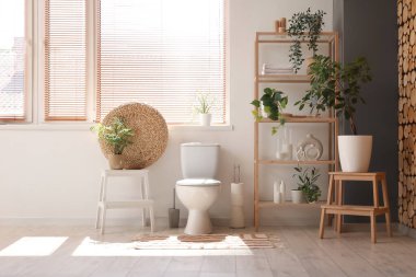 Tuvaletin içinde klozet, raf ünitesi ve bitkiler var.