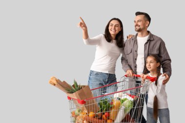 Mutluluk dolu alışveriş arabasıyla gri arka planda bir şeye bakan mutlu bir aile.
