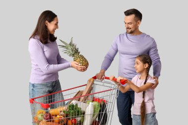 Mutluluk dolu alışveriş arabası ve gri arka planda ananaslı bir aile.