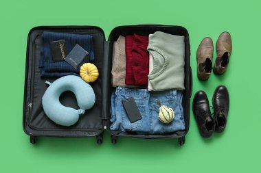 Yeşil arka planda giysiler, ayakkabılar ve balkabaklarıyla dolu bavulu aç