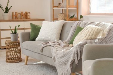 Hafif oturma odasında yumuşak yastıklı ve ekoseli gri kanepe.