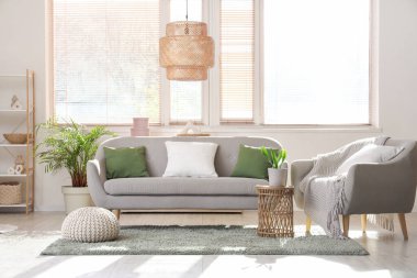 Gri kanepesi, koltuğu ve penceresi olan bir oturma odası.