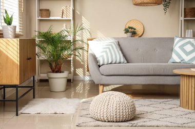 Gri kanepe, puf ve raf üniteli oturma odasının içi.