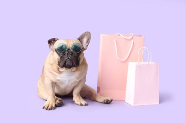 Güneş gözlüklü ve mor arka planda alışveriş çantalı sevimli Fransız bulldog 'u.