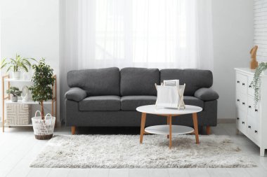 Konforlu kanepe, kahve masası ve oturma odasında saksı.