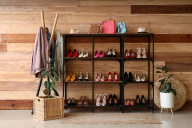 Odanın içinde askılık ve kadın ayakkabıları raflarda.