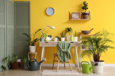 İçinde yeşil bitkiler, masa ve katlanan ekran olan odanın içi