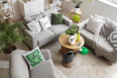 Oturma odasının içinde yeşil bitkiler, kanepeler ve koltuk var.