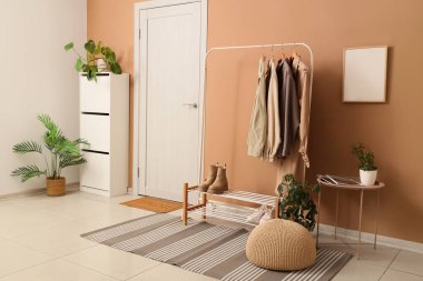 Koridorun içinde elbise askısı, çekmece ve kapı var.